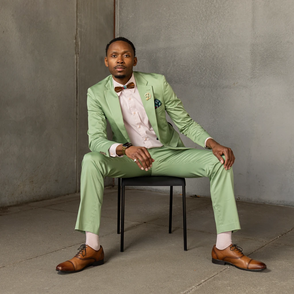man in green suit sitting on chair with concrete all walls and floor